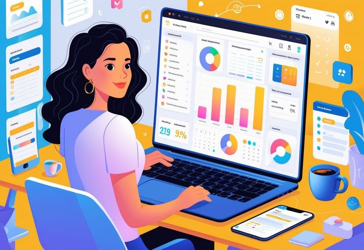 A mom sitting at a desk using a laptop with an organized digital dashboard, surrounded by family and work items, managing her side hustle.