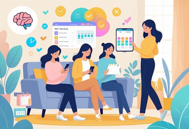 A group of moms using smartphones and tablets in a cozy living room, focusing on tracking their habits with supportive and calm expressions.