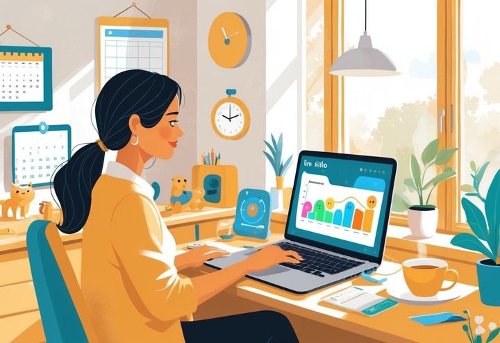 A stay-at-home mom working on a laptop at a home desk surrounded by children's toys and family items.