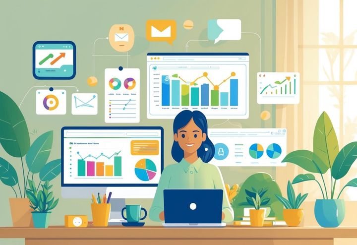 A woman working at a desk in a home office surrounded by small business and motherhood items, with a laptop showing email marketing visuals.