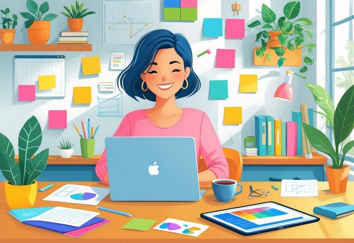 A mom working on marketing materials on a laptop in a cozy home office surrounded by creative supplies and natural light.