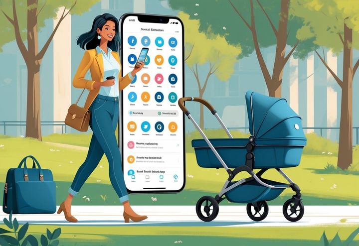 A mom entrepreneur holding a smartphone showing a social media scheduling app while pushing a stroller in a park.