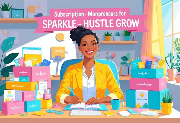 A mother entrepreneur in a cozy home office surrounded by subscription boxes filled with business and wellness items, working at her desk.