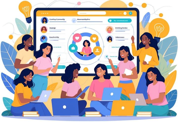 A group of diverse mom entrepreneurs working together around a large digital screen showing an online community platform.