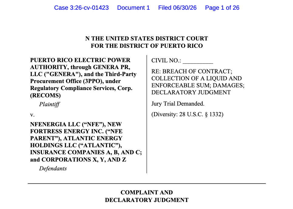 Puerto Rico State Power Company Sues Private LNG Supplier for Breach of Contract