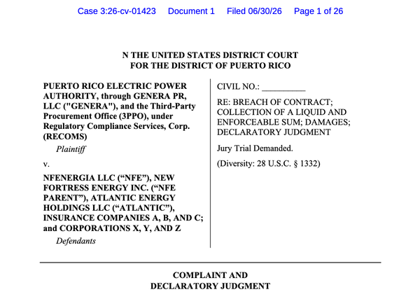 Puerto Rico State Power Company Sues Private LNG Supplier for Breach of Contract