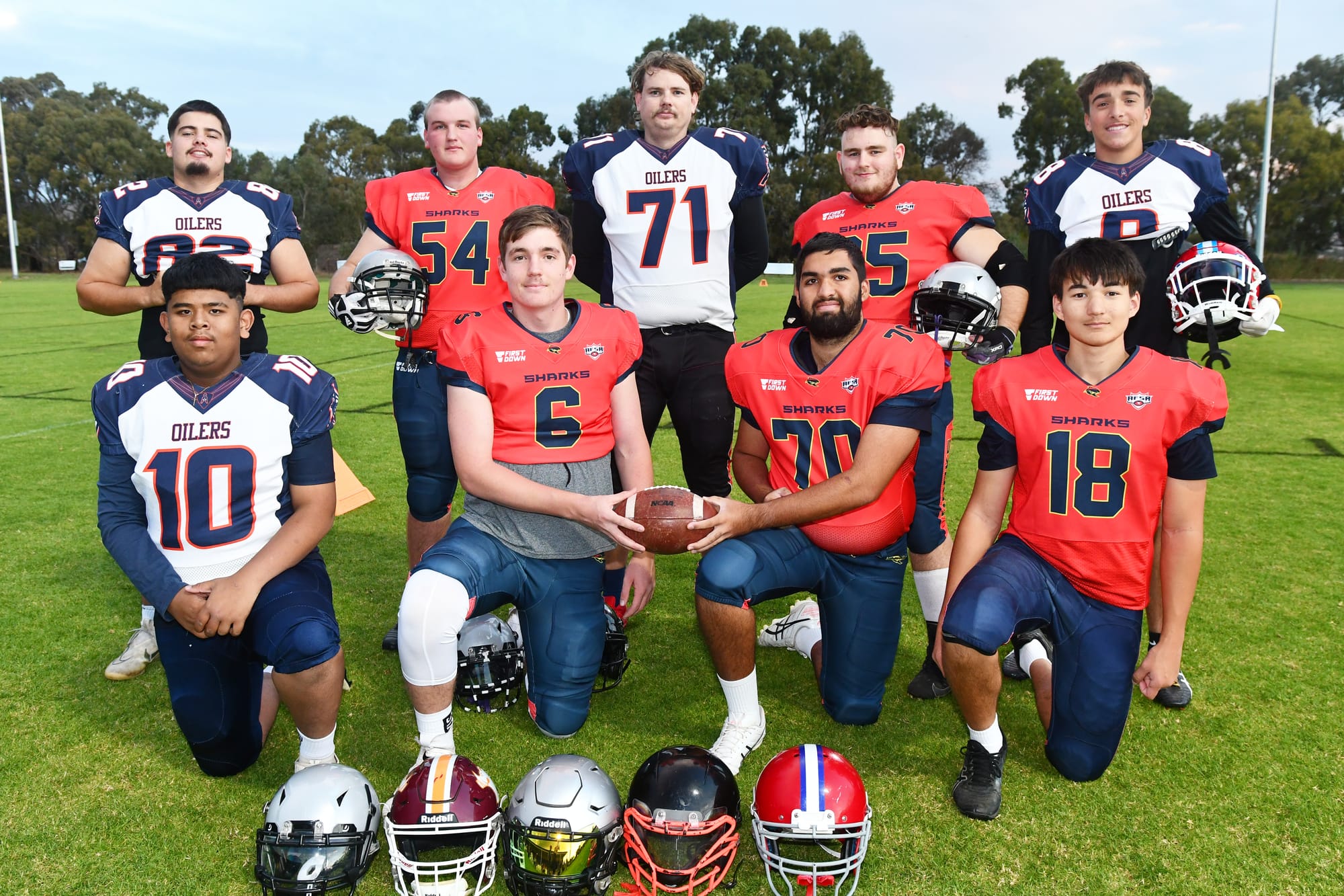 Representatives from the 'Sharks' and 'Oilers' exhibition teams. Back: George Couzner, Jordan Roberts, Fredrick Miller, Jordyn Leech and Levi O'Donohue. Front: William Hok, Riley Stewart, Riley Mitchell and Trent Condelli.