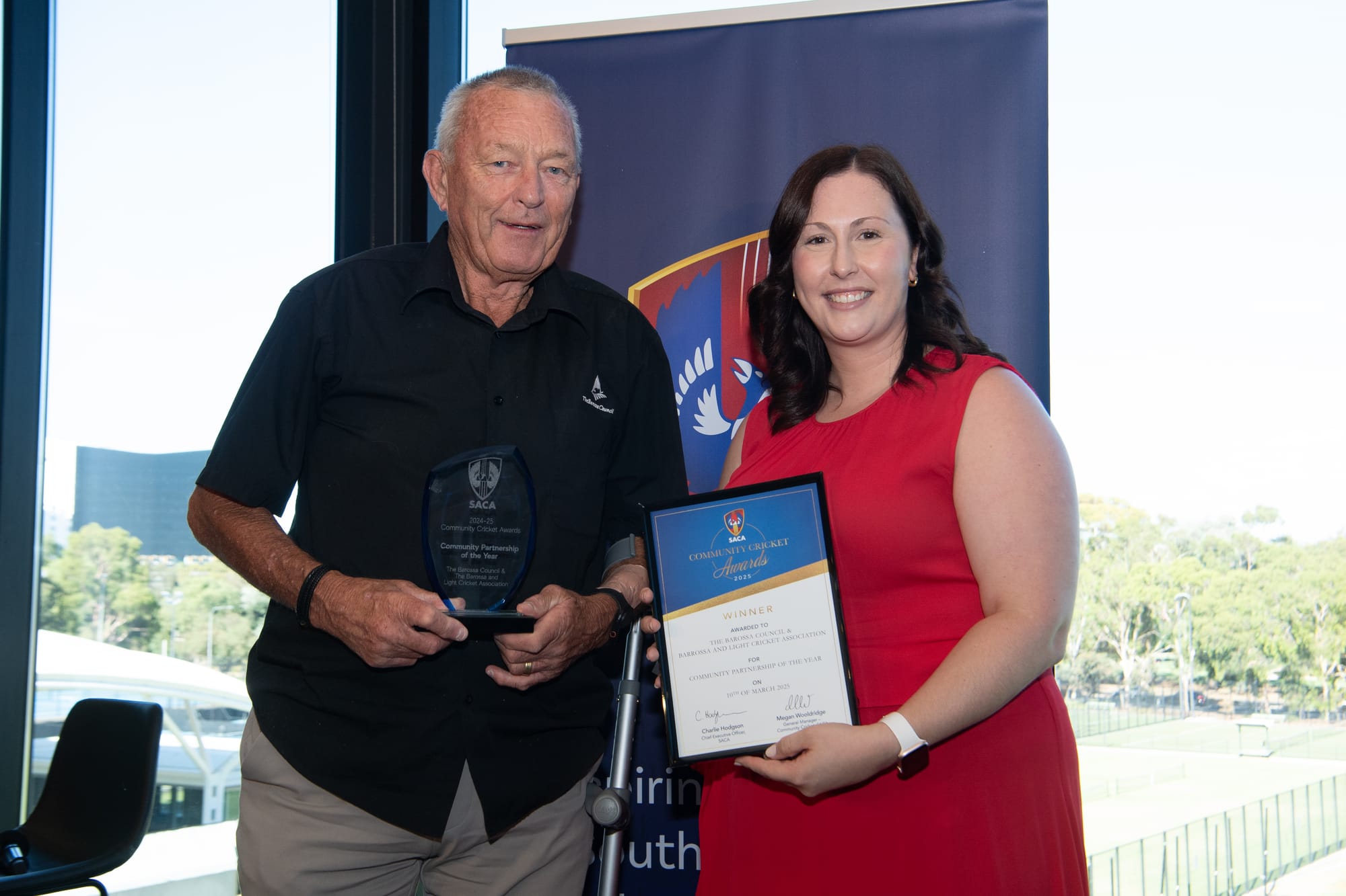 Barossa Mayor Bim Lange with Megan Wooldridge, SACA General ManagerCommunity Cricket.