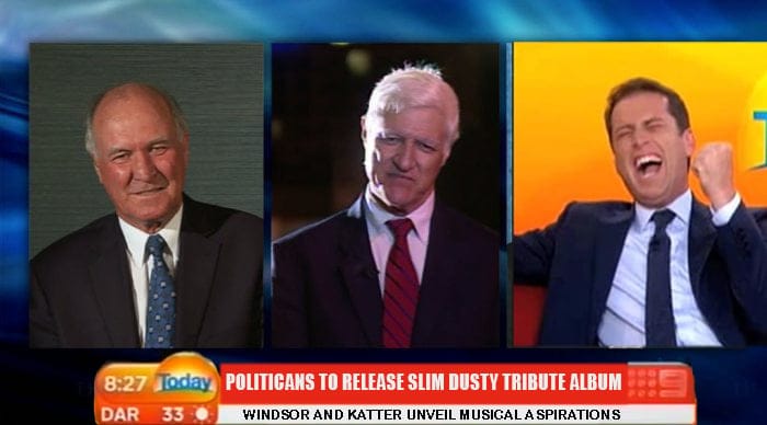 Karl Stefanovic in an uncontrollable fit of laughter after hearing that the two politicians were trying their hand at country music