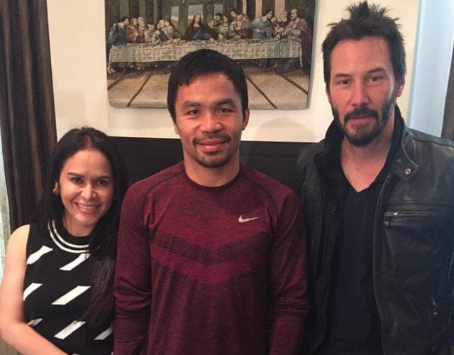 Manny Pacquiao poses with his wife and close friend, Keanu Reeves. The instagram caption reads: “Thank you Keanu Reeves for visiting me and my wife Jinkee. God Bless you always,”