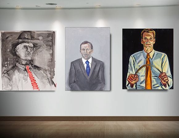 The first official portrait of Tony Abbott sits between two similarly conservative politicians, Bob Katter MP and Senator Bernardi