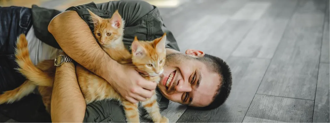 Un dueño acariciando a sus dos gatitos.
