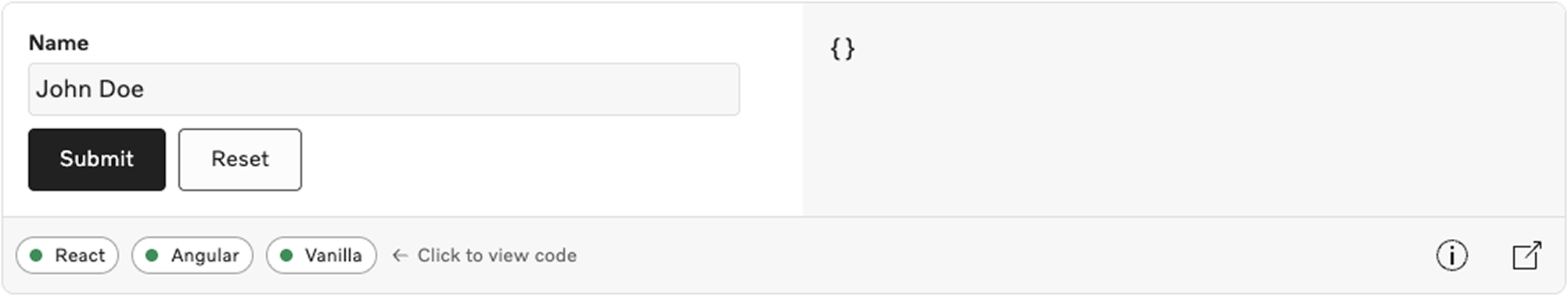 Design system component demo showing a form integration with buttons, and code tabs for React, Angular, and Vanilla JS below.