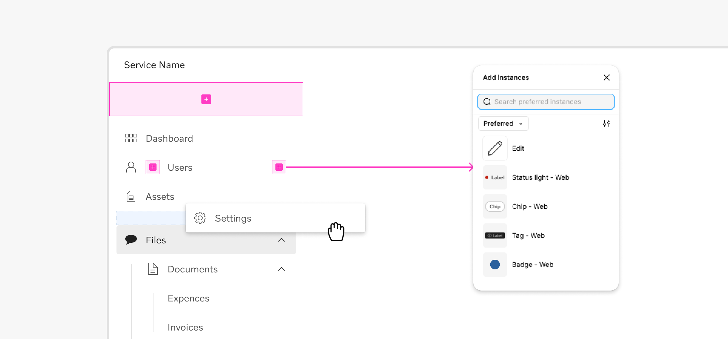 Instance of the side menu component showcasing the new Figma slots feature