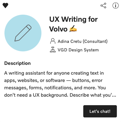 Screenshot of a "UX Writing for Volvo" AI assistant card, created for the Volvo Group Design System