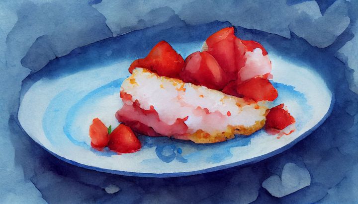 watercolor a slice of strawberry shortcake on a blue plate