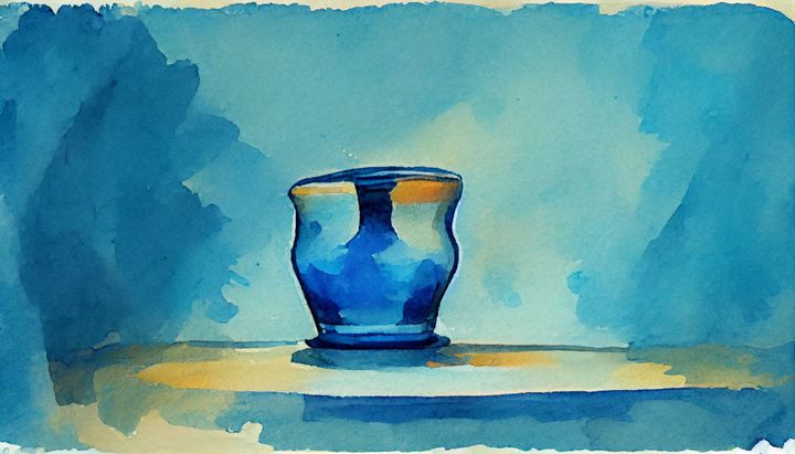 watercolor of a small empty vase on a table with a blue background