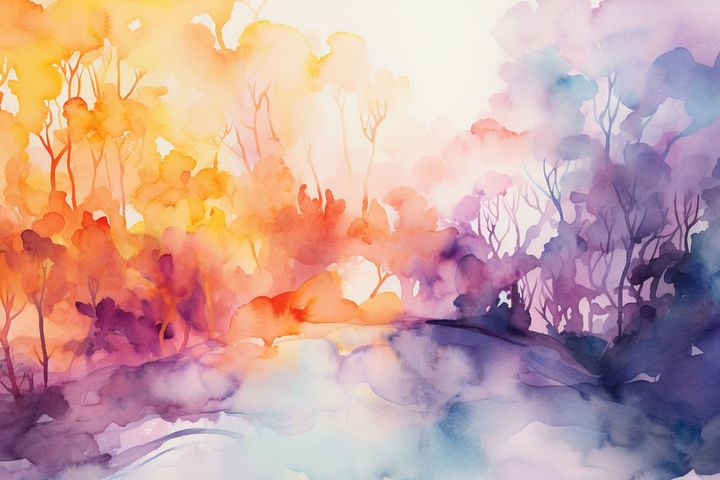 abstract watercolor illustration of multicolored trees 