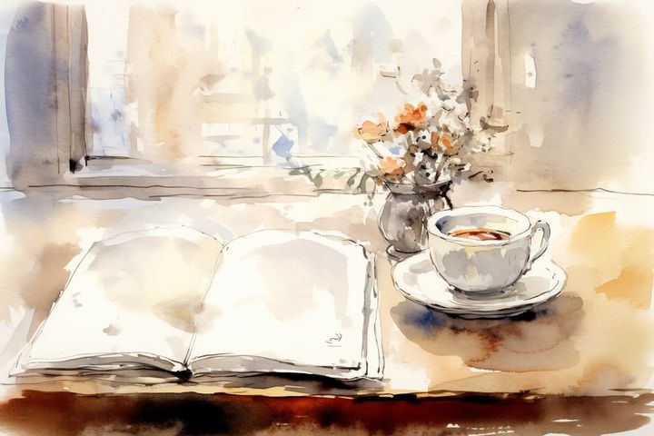 an abstact watercolor illustration of an empty journal sitting on a table