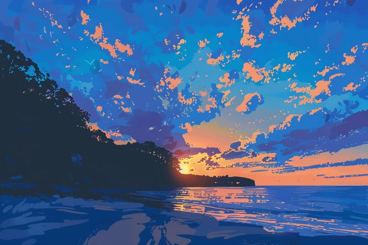 a sunset over a body of water. The sky is a mix of blue and pink, with the sun setting in the center. 