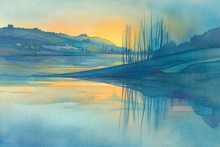 watercolor illustration of a serene lake at sunset