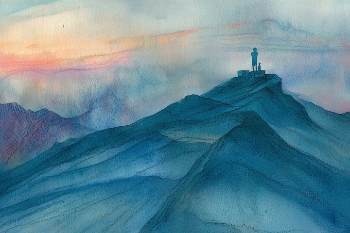watercolor illustration of a figure on a mountain at sunrise