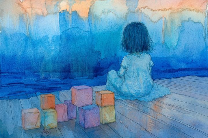 watercolor illustration of a little girl playing with blocks on the floor