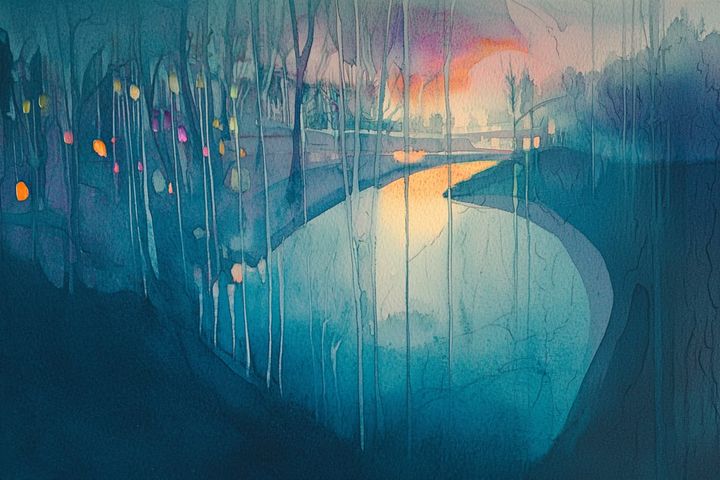 abstact watercolor illustration of a lake surrounded by trees and a faint sunset glow