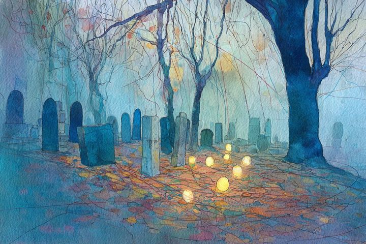 abstract watercolor illustration of a graveyard with lights on the ground