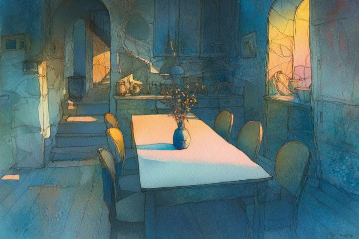 Abstract watercolor illustration of a table with a centerpiece of flowers and chairs gathered around