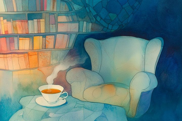 abstract watercolor illustration of a comfy chair next to a coffee cup