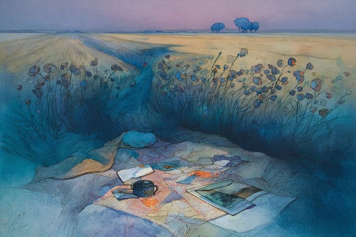 abstract watercolor illustration of a blanket with a teacup in a field