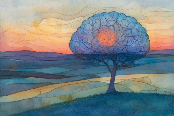 abstract watercolor illustration of a landscape with a tree. The tree is brain-like with a bright red dot in the middle symbolizing a brain tumor
