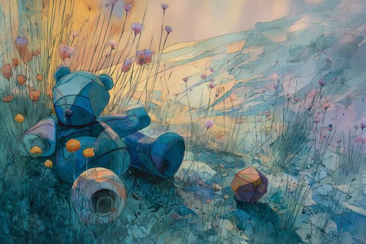 abstract watercolor illustration of a teddy bear in a field
