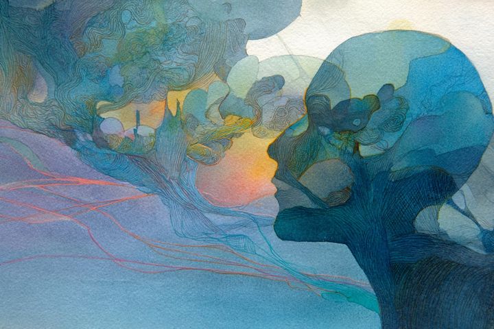 abstract watercolor illustration of a silhouette of head surrounded by blue hues and abstract shapes