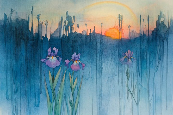 Abstact watercolor illustration of a garden at sunset