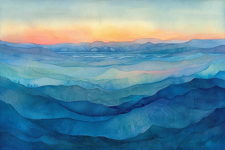 Abstract watercolor illustration of hills and mountains in the distance