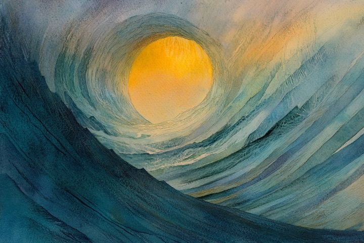 abstract watercolor illustration of a sun surrounded by water