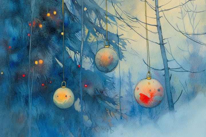 Abstract watercolor illustration of Christmas ornaments on a tree