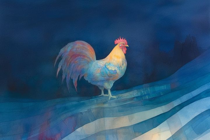 abstract watercolor illustration of a rooster against a blue background