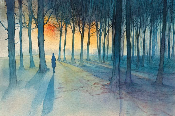 abstract watercolor illustration of a woman walking through a forest