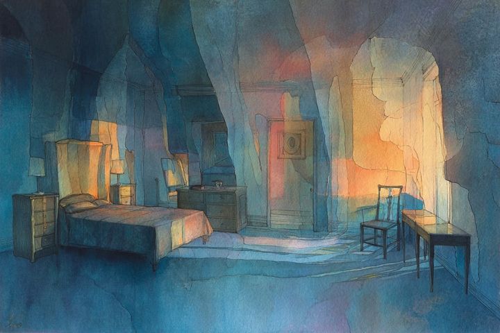 abstract watercolor illustration of a bedroom with soft light coming through a window