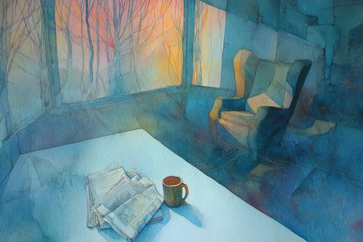 abstract watercolor illustration of a high-back living room chair with a coffe table that holds a newspaper and a coffee mug