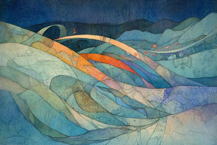 abstract watercolor illustration of spiraled images and hills