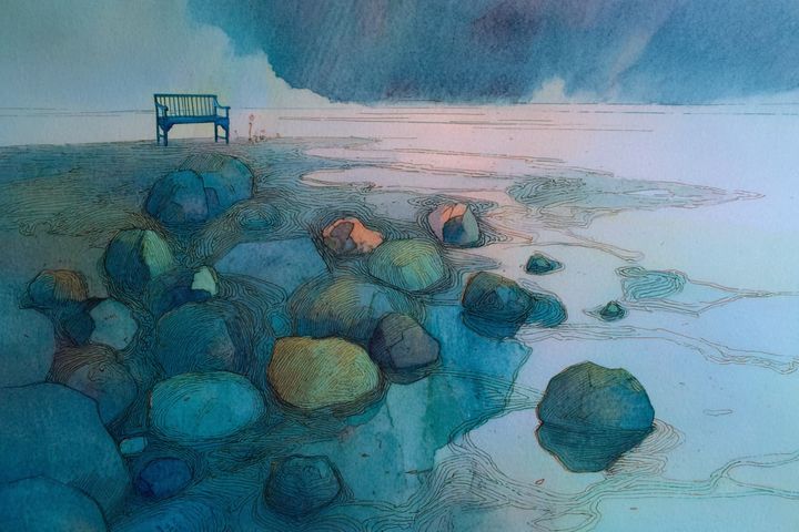 abstract watercolor illustration of bench on the shore of a sea surrounded by rocks