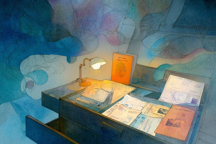 A wooden desk with a lamp covered in notebooks and postcards