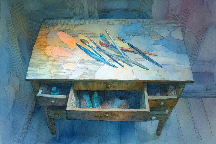 abstract watercolor illustration of a desk with watercolor paintbrushes