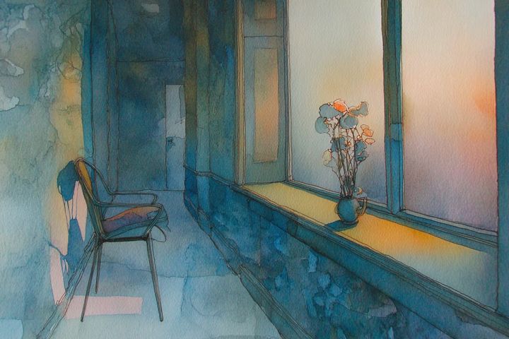 abstract watercolor illustration of a chair in a hallway facing a window with a vase of flowers