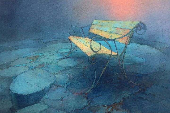 abstract watercolor illustration of a museum bench