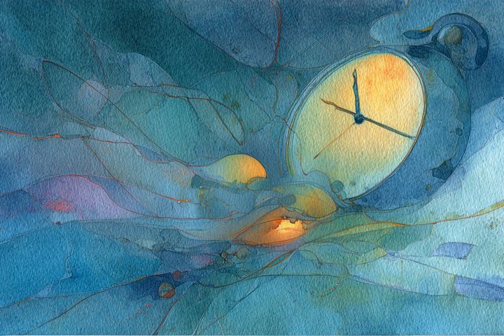 abstract watercolor illustration of a melting clock